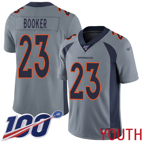 Youth Denver Broncos #23 Devontae Booker Limited Silver Inverted Legend 100th Season Football NFL Jersey